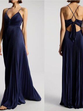 A.L.C. Aries Pleated Gown Open Back Satin Maxi Dress 4 Navy Blue  NWT $795